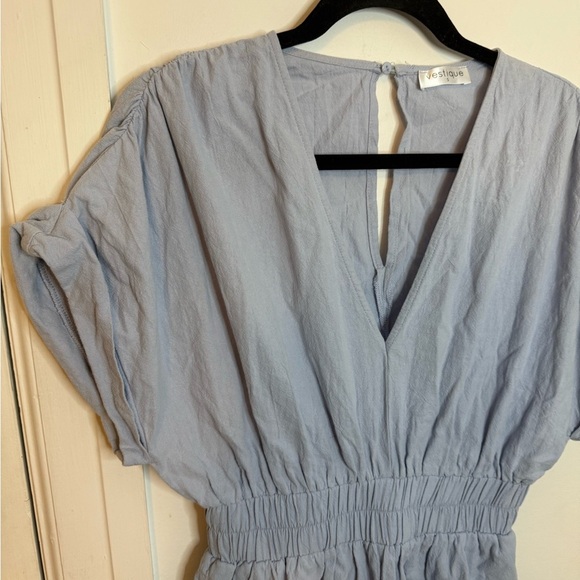 Vestique Baby Blue Crinkle Cotton Cuffed V-Neck Romper - Picture 5 of 5